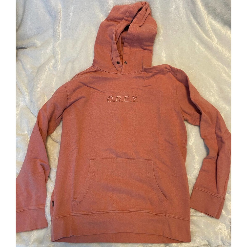 Women’s OBEY Shepard Fairy Coral Pink Cotton Hoodie Small Skate Punk Y2K Sweater